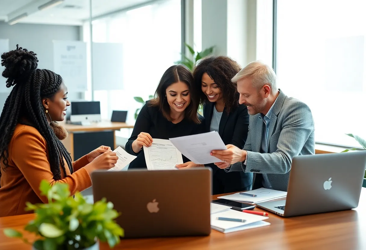 Diverse professionals collaborating in an office on bookkeeping.