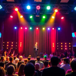 Stage setting for a comedy show with bright lights and excited audience.