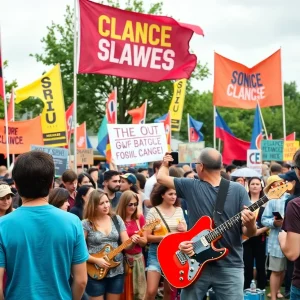 Tom Morello performing at Boston Calling Festival with banners of social activism in the background