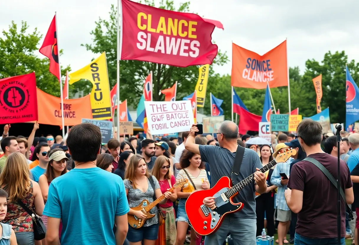 Tom Morello performing at Boston Calling Festival with banners of social activism in the background