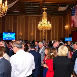 Fundraising gala for Trump's 2025 inauguration with guests and decorations.