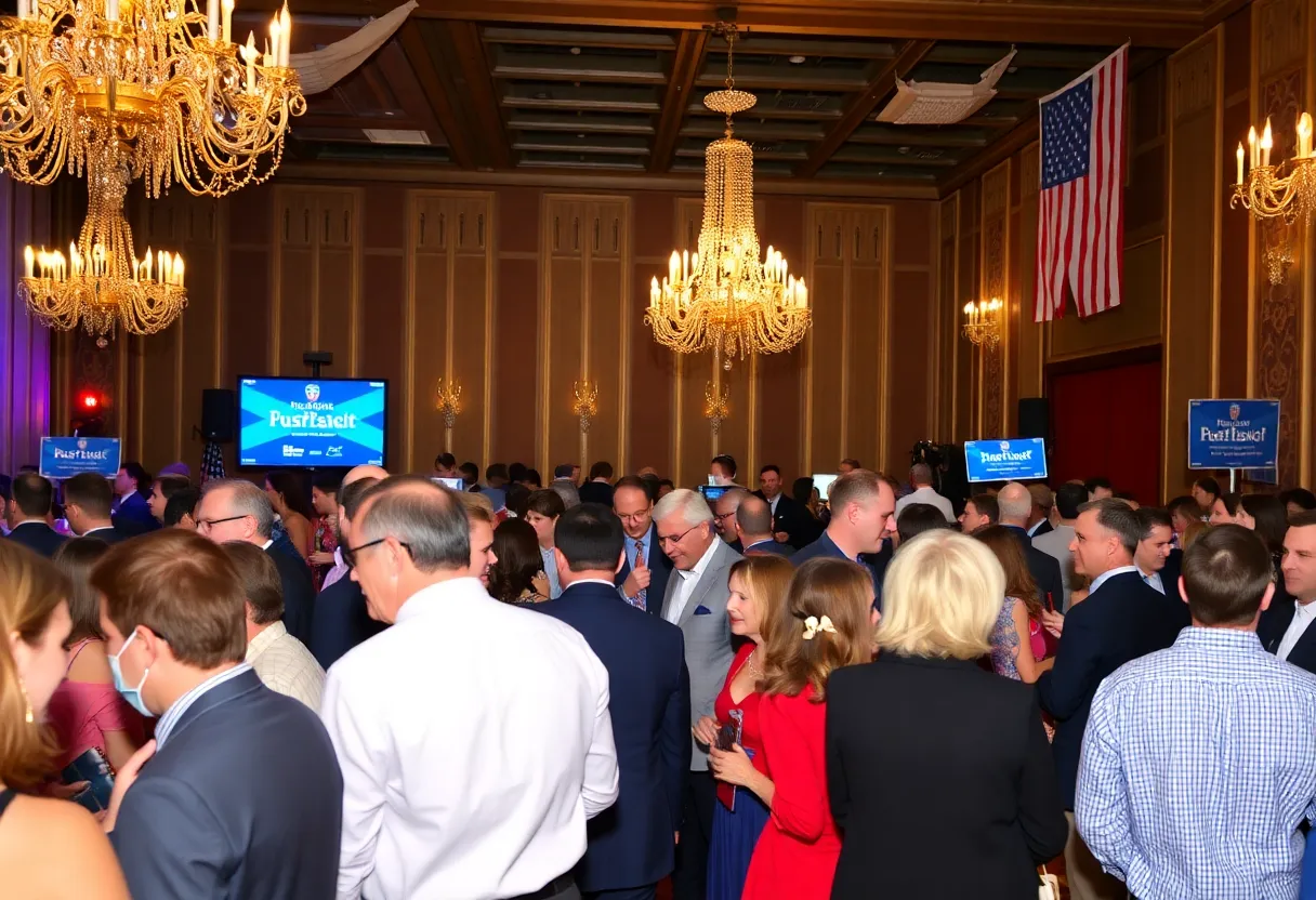 Fundraising gala for Trump's 2025 inauguration with guests and decorations.