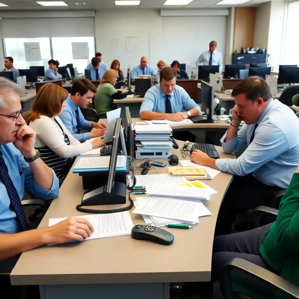 Workers managing unemployment claims in a busy office setting.