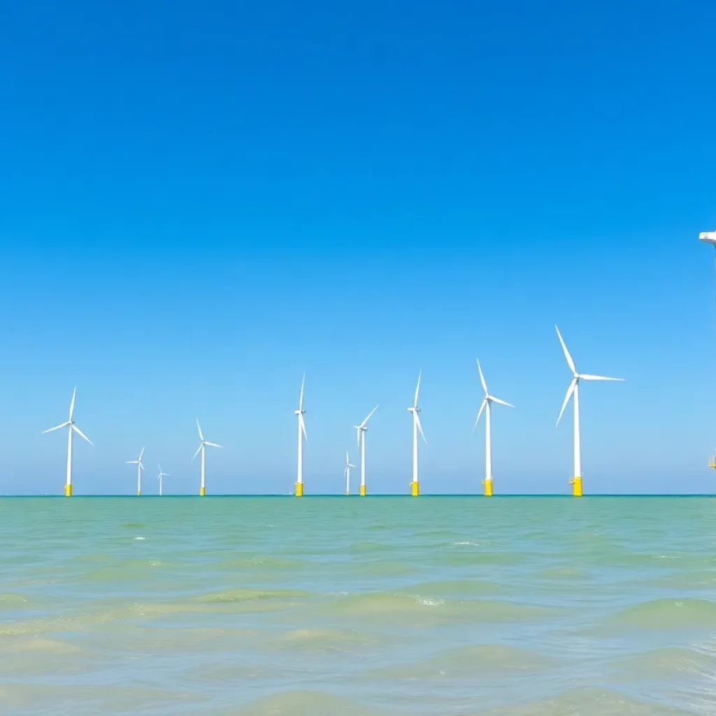 Offshore wind turbines of Vineyard Wind project with ocean view