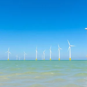 Offshore wind turbines of Vineyard Wind project with ocean view