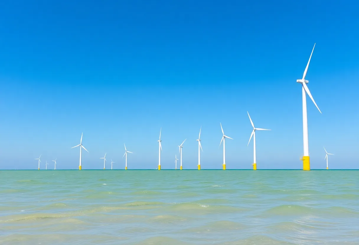 Offshore wind turbines of Vineyard Wind project with ocean view