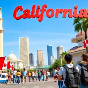 A collage of California attractions with Canadian flags, symbolizing the campaign to attract Canadian tourists.
