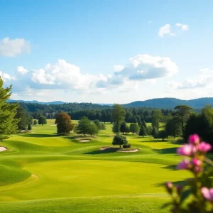 Golfers celebrating a hole-in-one at a golf course.