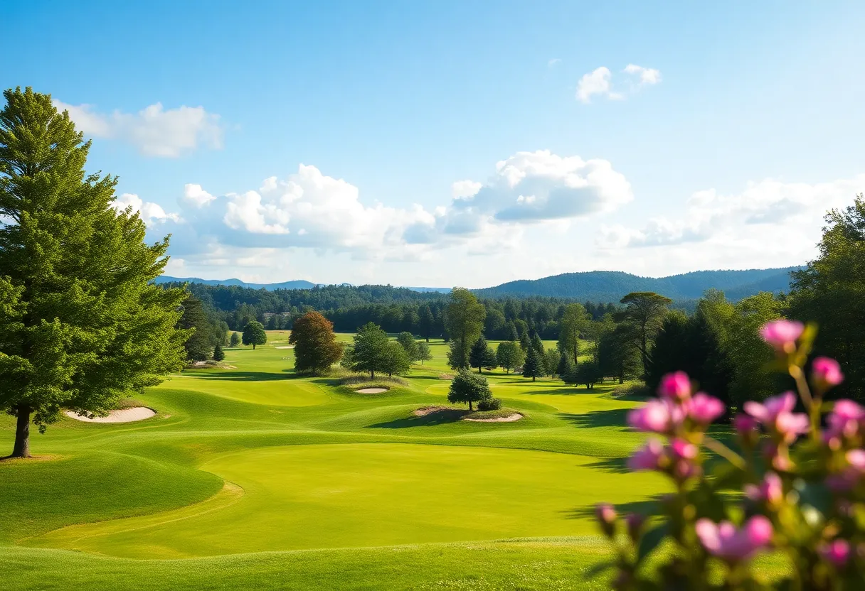 Golfers celebrating a hole-in-one at a golf course.