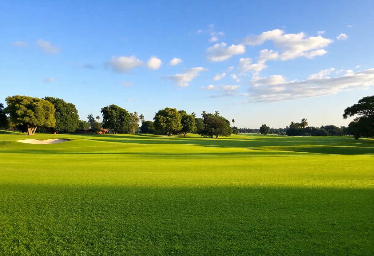 Boston city skyline featuring golf-themed visuals