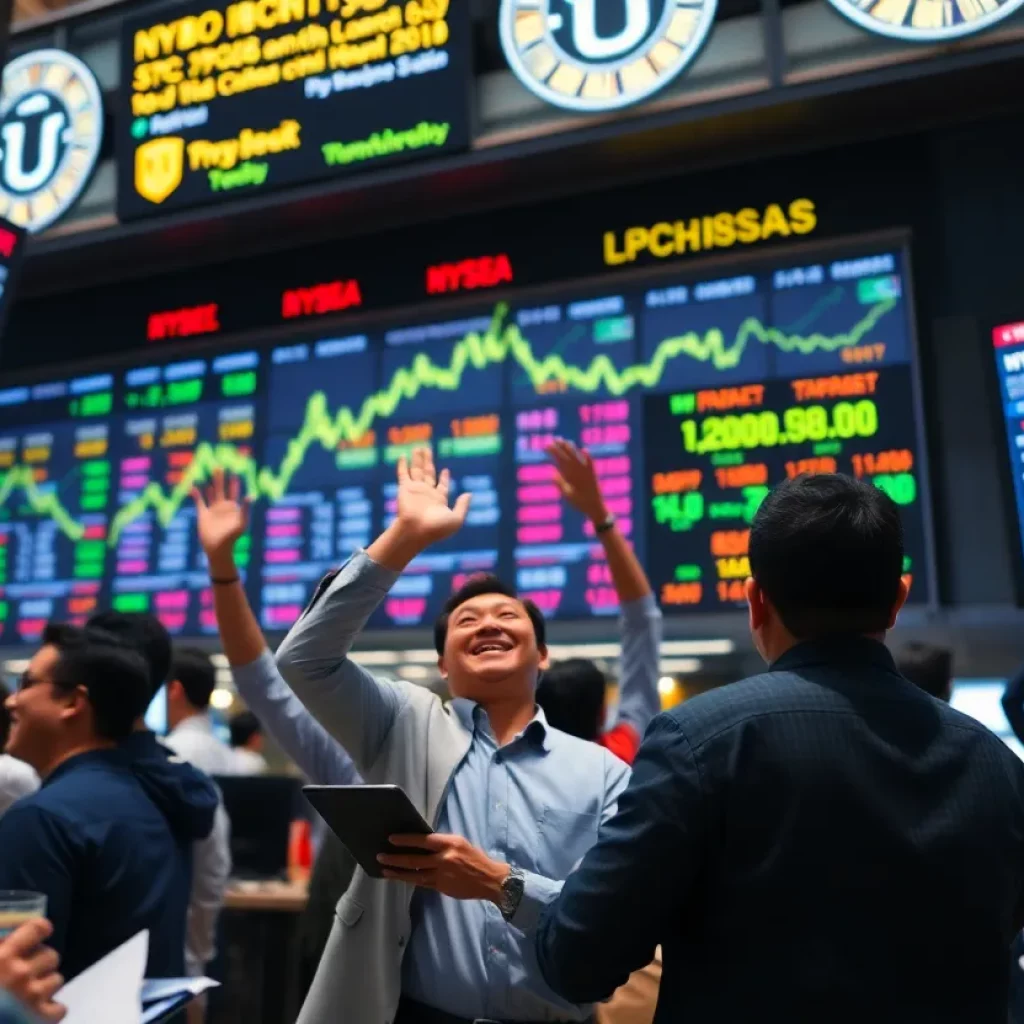 Traders celebrating gains in the Asian stock market