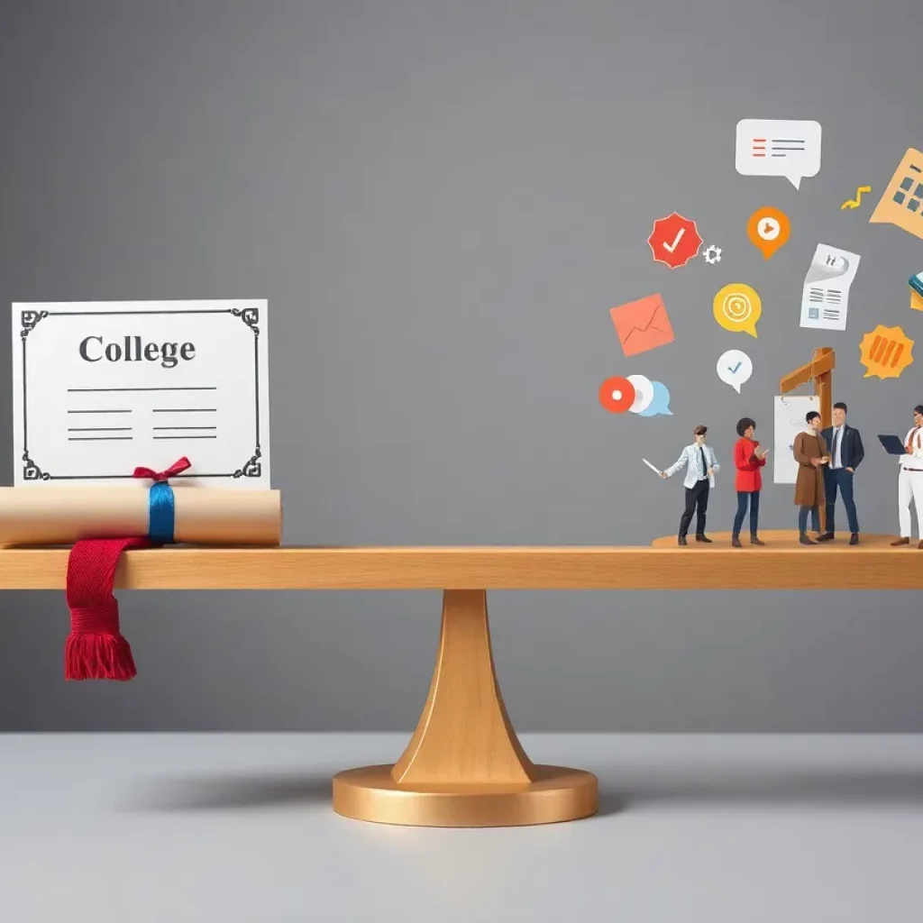 A scale illustrating the balance between a college diploma and job opportunities