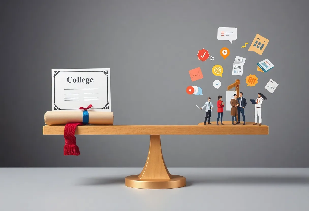 A scale illustrating the balance between a college diploma and job opportunities