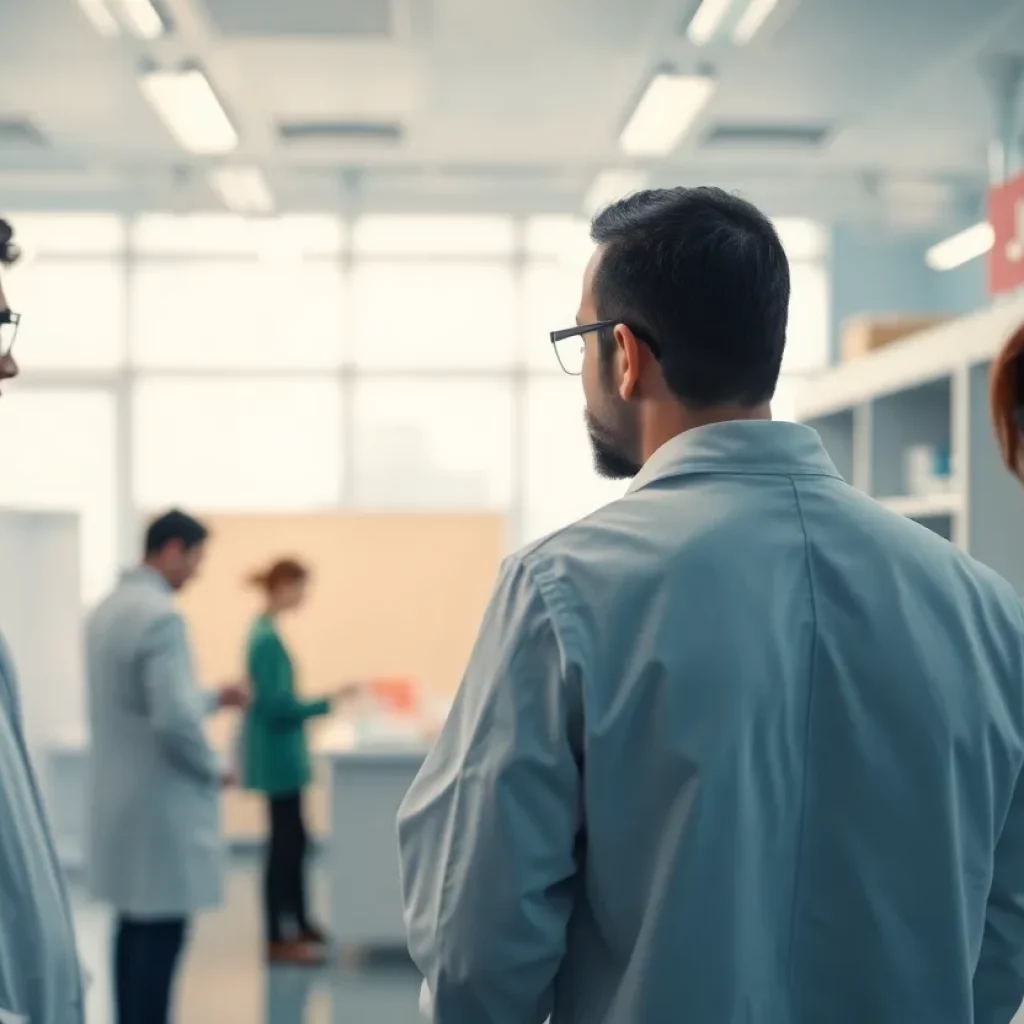 Scientists in a biotechnology lab showing concern over job losses
