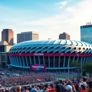 Boston skyline with Gillette Stadium for the 2026 FIFA World Cup
