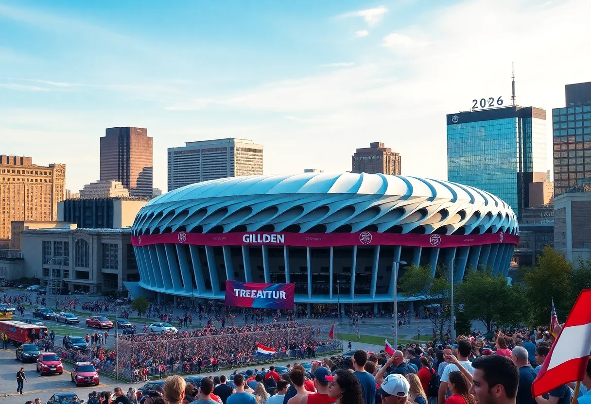 Boston skyline with Gillette Stadium for the 2026 FIFA World Cup