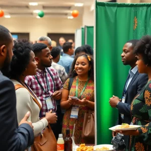 A gathering at a biotechnology conference in Boston with cultural elements celebrating Black joy.