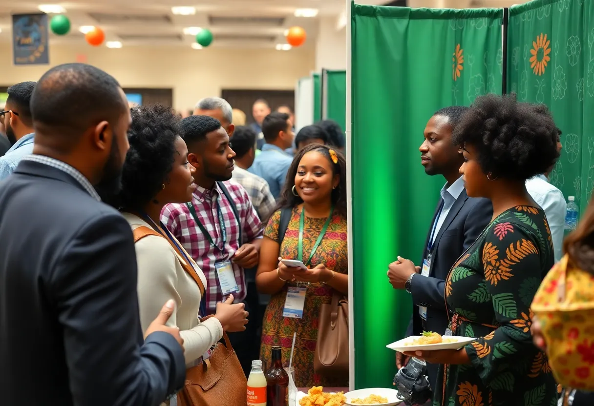 A gathering at a biotechnology conference in Boston with cultural elements celebrating Black joy.