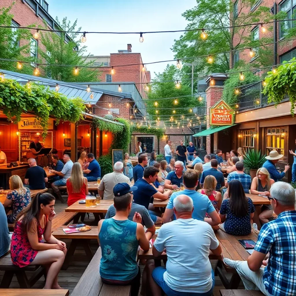 Outdoor beer garden in Boston during summer with patrons enjoying drinks and live music.