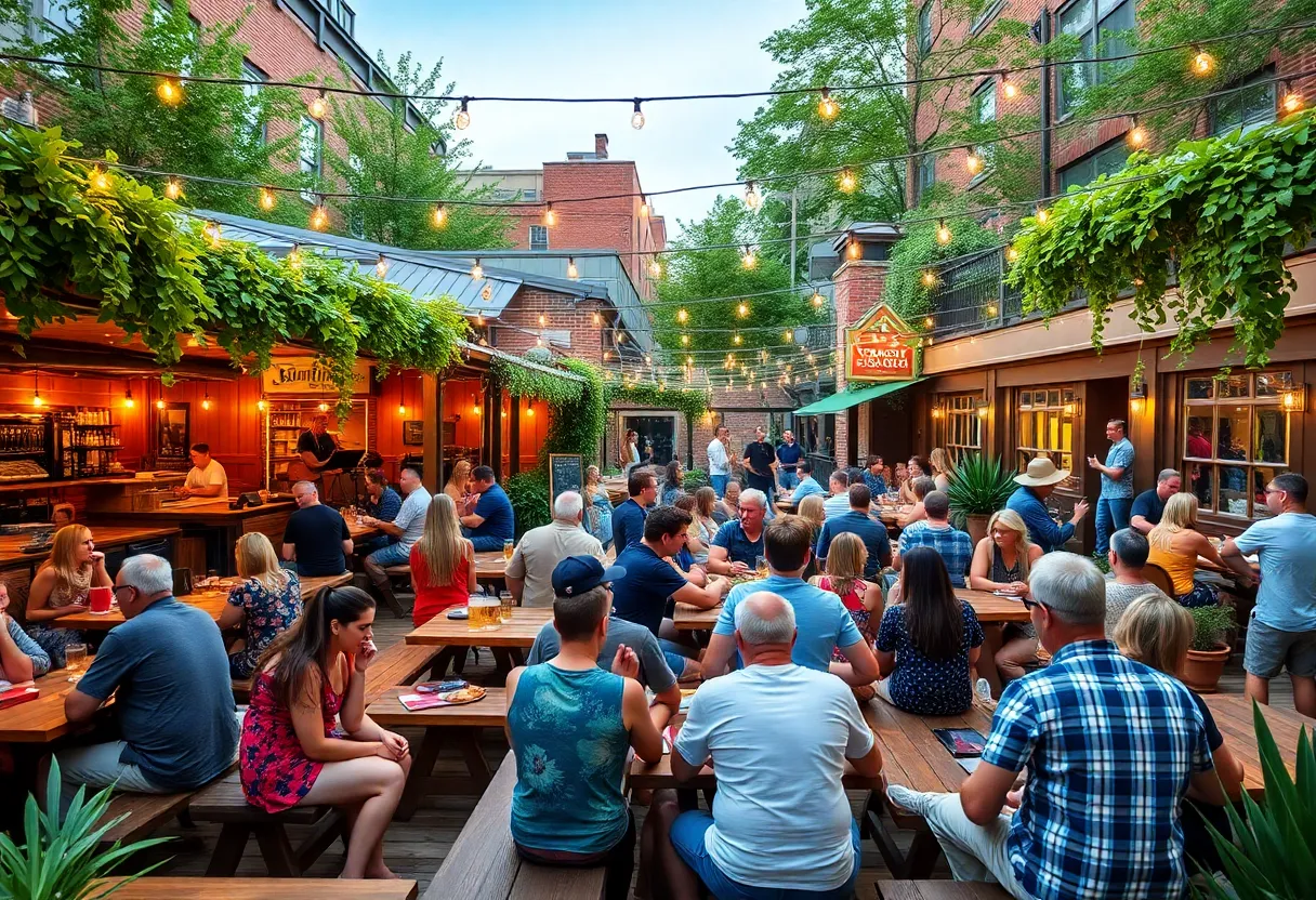Outdoor beer garden in Boston during summer with patrons enjoying drinks and live music.