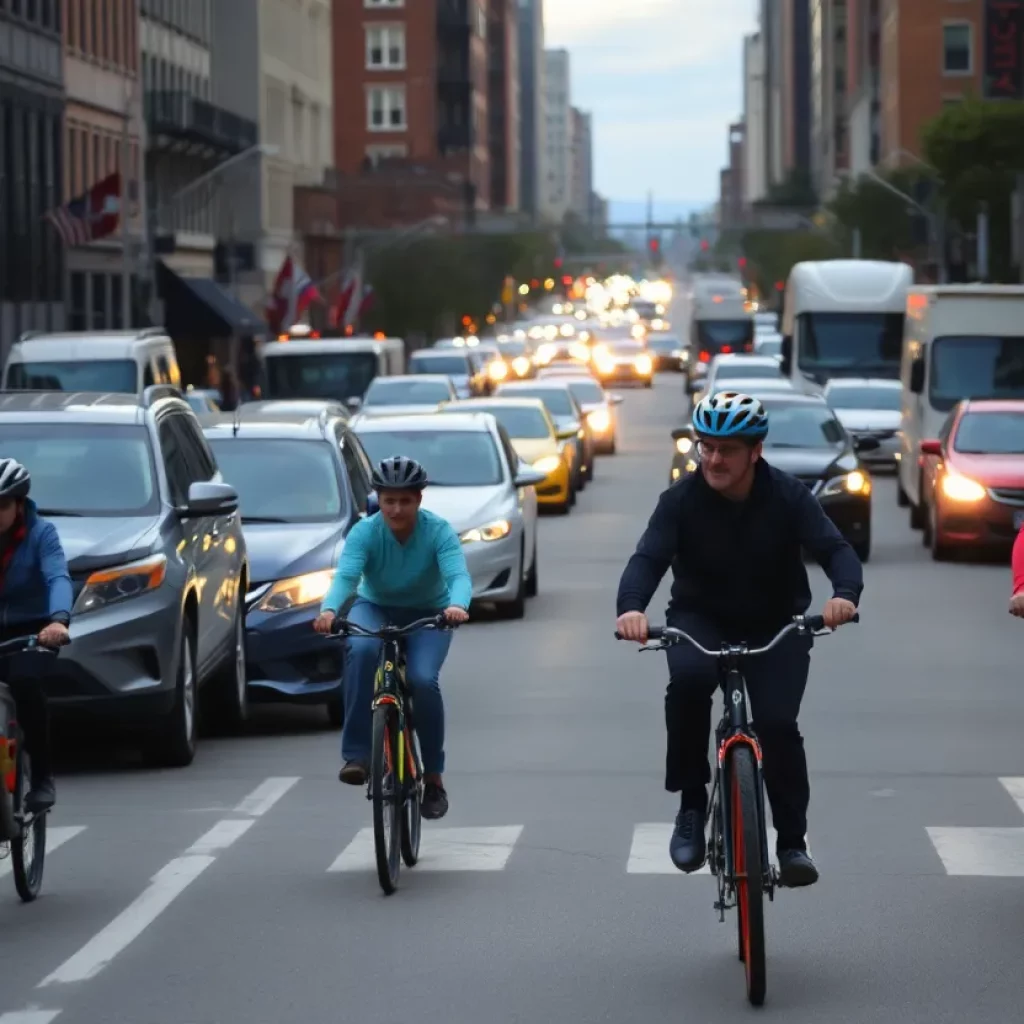 Cyclists using a bike lane in Boston amidst urban traffic