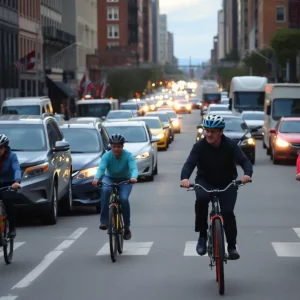 Cyclists using a bike lane in Boston amidst urban traffic