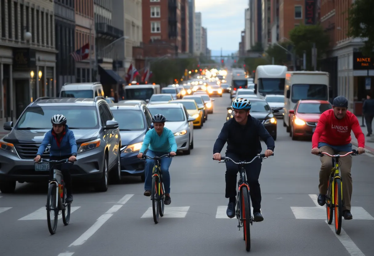 Cyclists using a bike lane in Boston amidst urban traffic