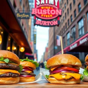 A selection of various burgers representing Boston's culinary scene