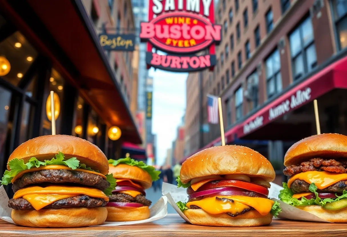 A selection of various burgers representing Boston's culinary scene