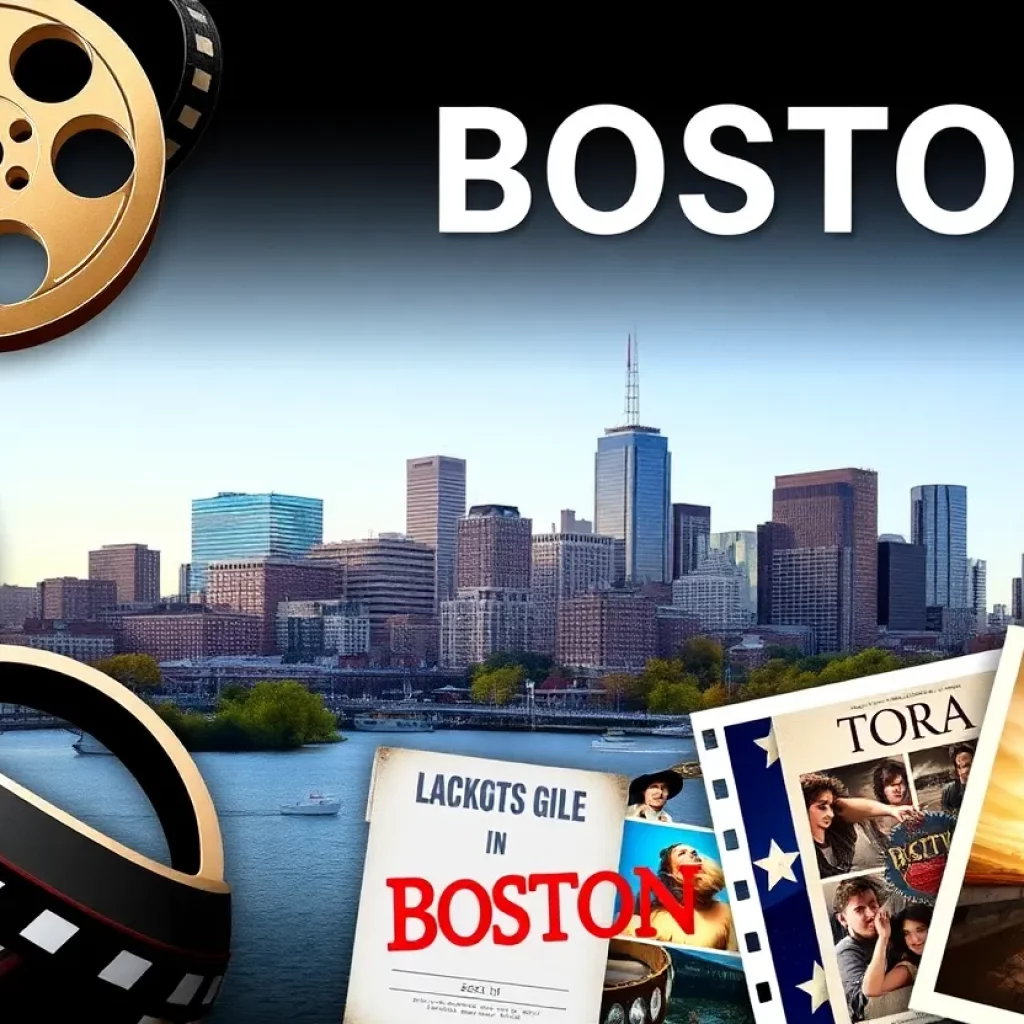 A collage representing Boston's cinematic history with iconic film elements.