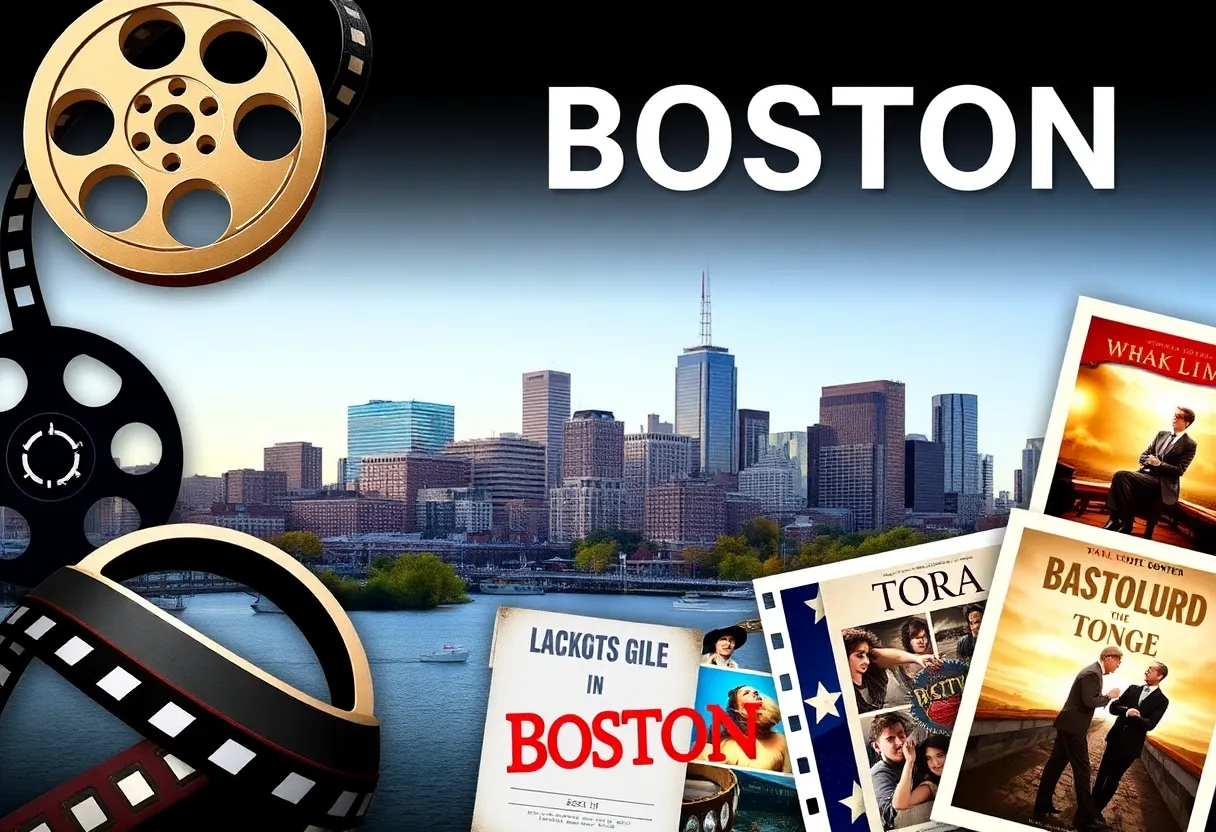 A collage representing Boston's cinematic history with iconic film elements.