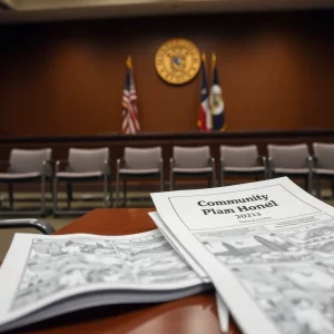 Empty Boston City Council meeting room with a community plan document