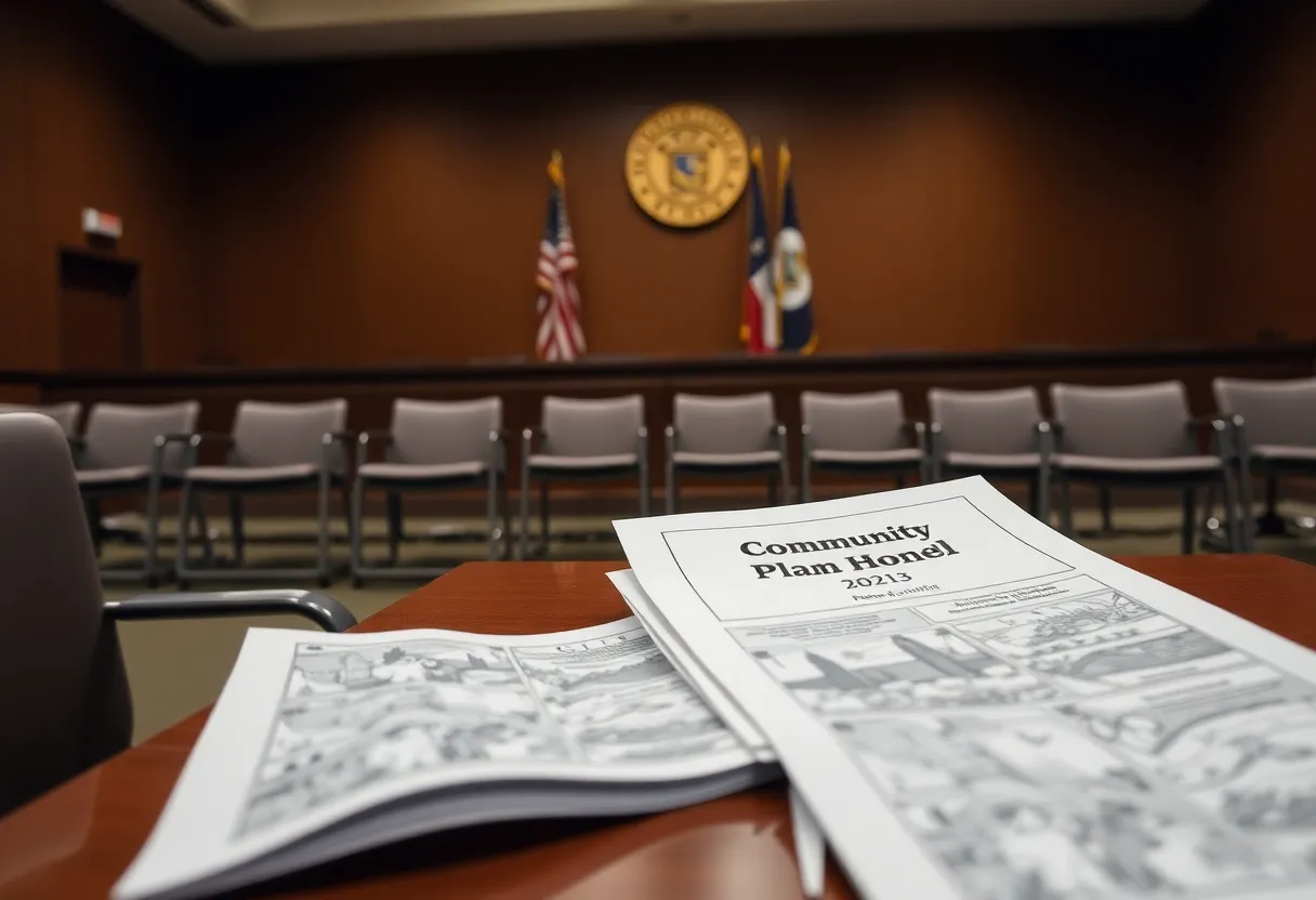 Empty Boston City Council meeting room with a community plan document