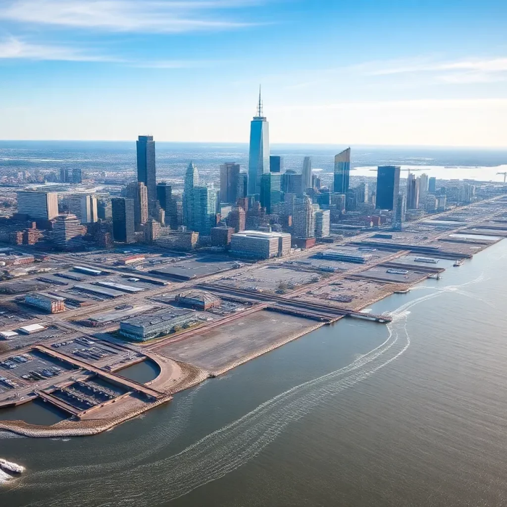 Aerial view of Boston showing areas affected by rising sea levels.