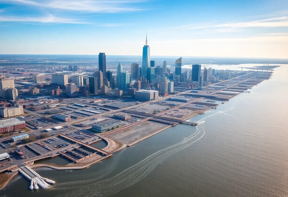 Aerial view of Boston showing areas affected by rising sea levels.