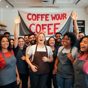 Coffee shop workers celebrating their unionization in Boston