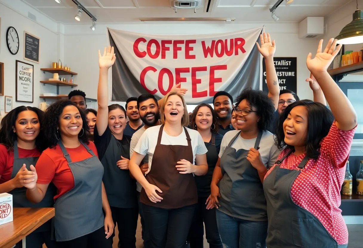 Coffee shop workers celebrating their unionization in Boston