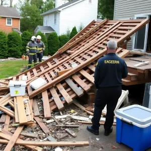 Debris from a collapsed deck with emergency responders at the scene