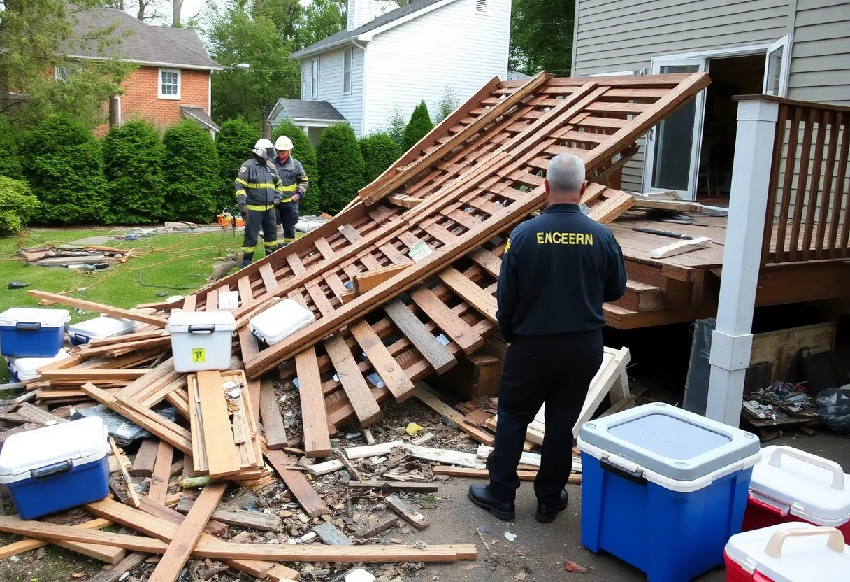 Debris from a collapsed deck with emergency responders at the scene