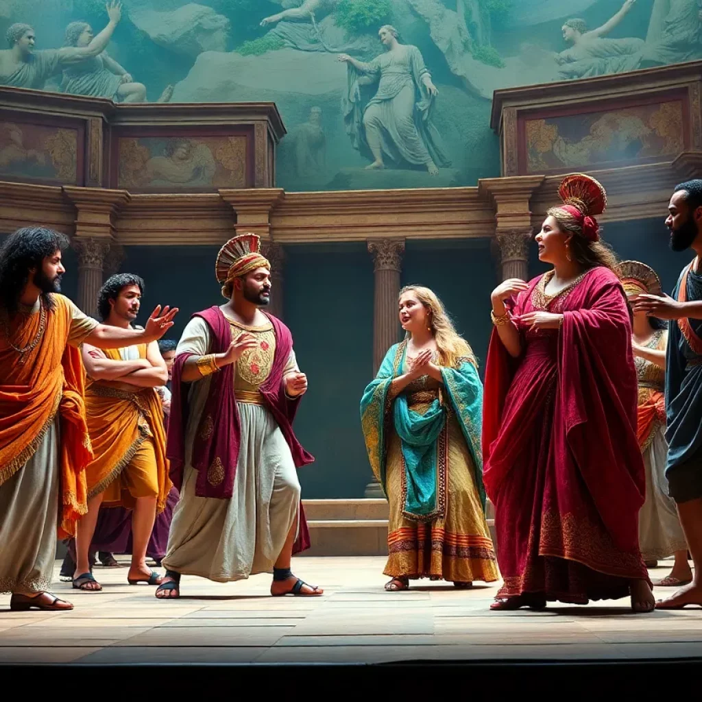A scene from the opera 'Octavia' showcasing historical costumes and dramatic performance.