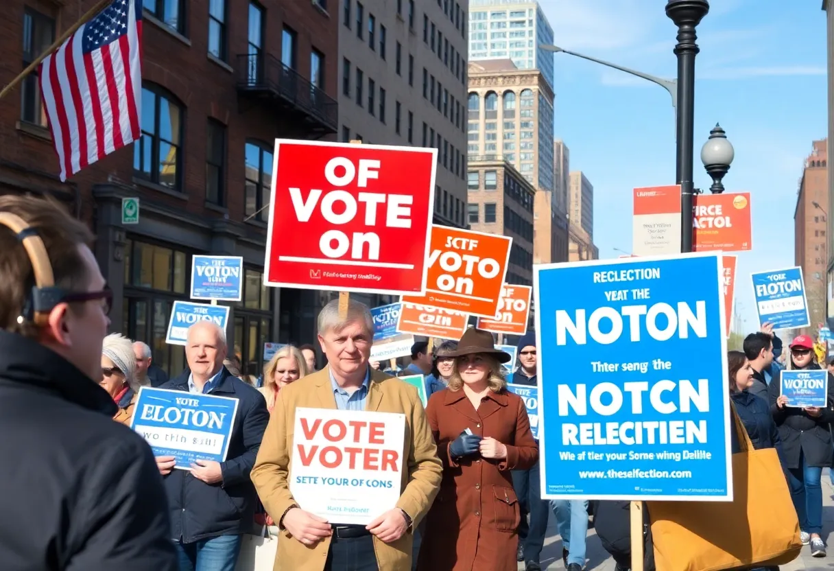 Boston street scene with campaign signs for the 2023 election