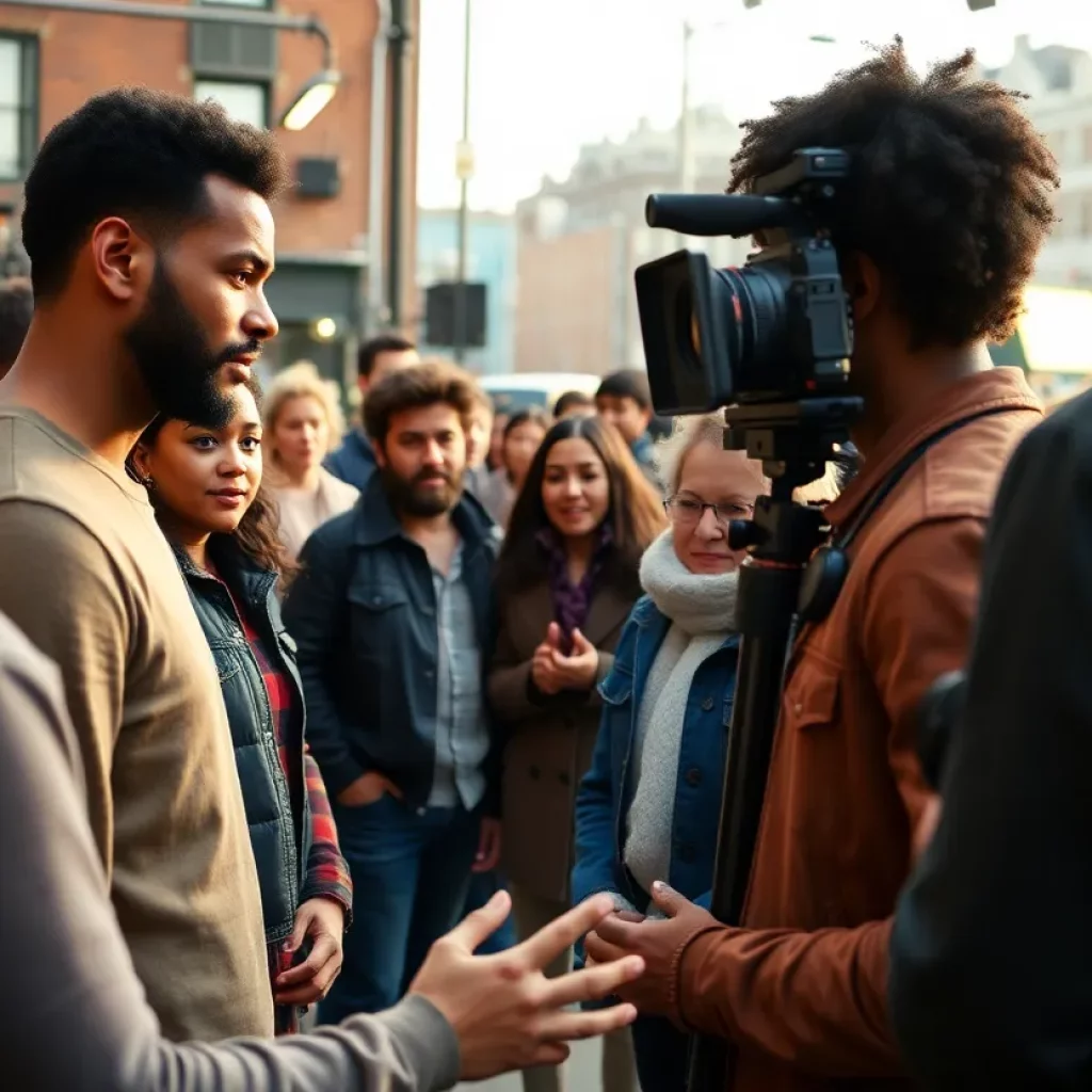 Diverse actors on a film set in Boston during casting call