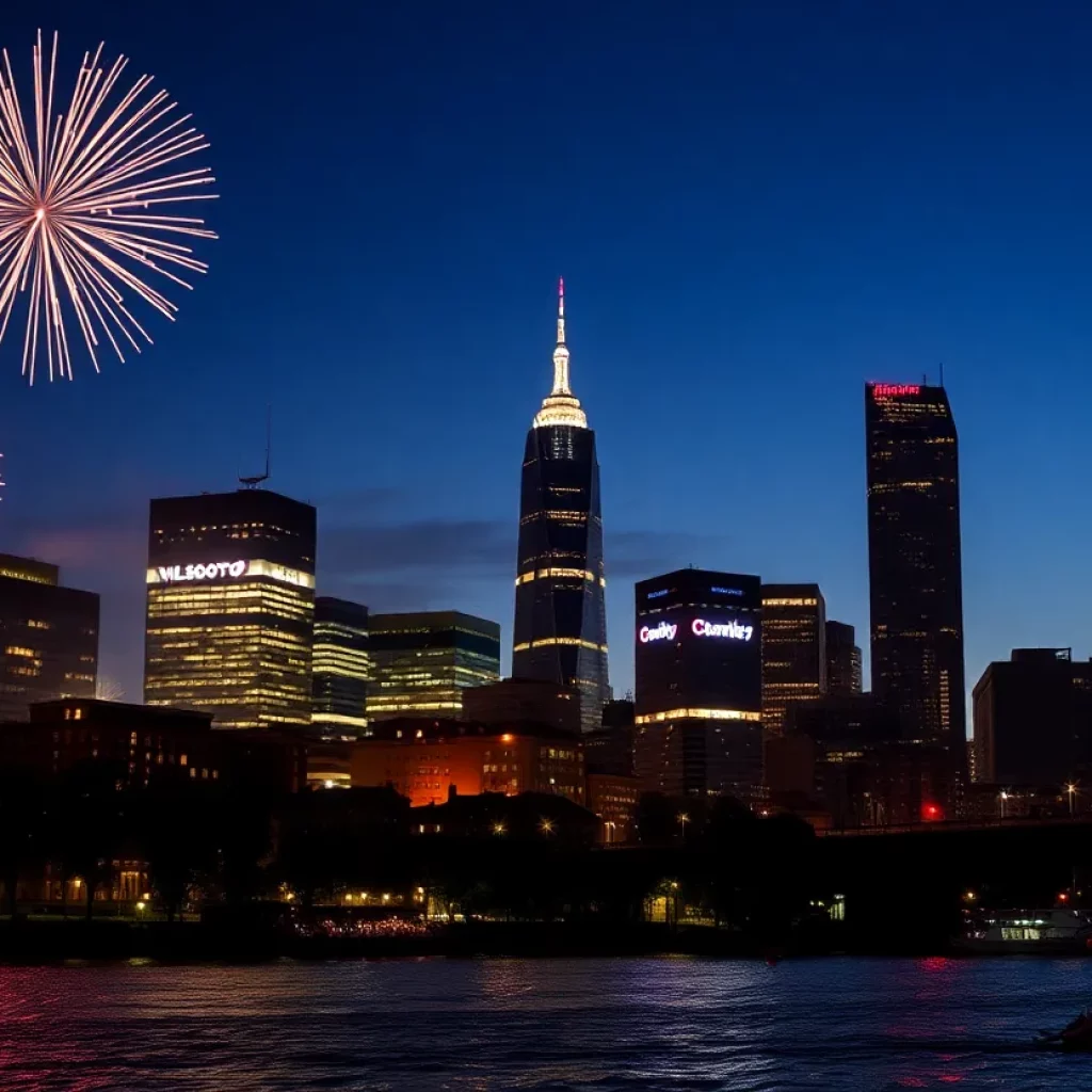 Fireworks over the Boston skyline during July Fourth celebrations