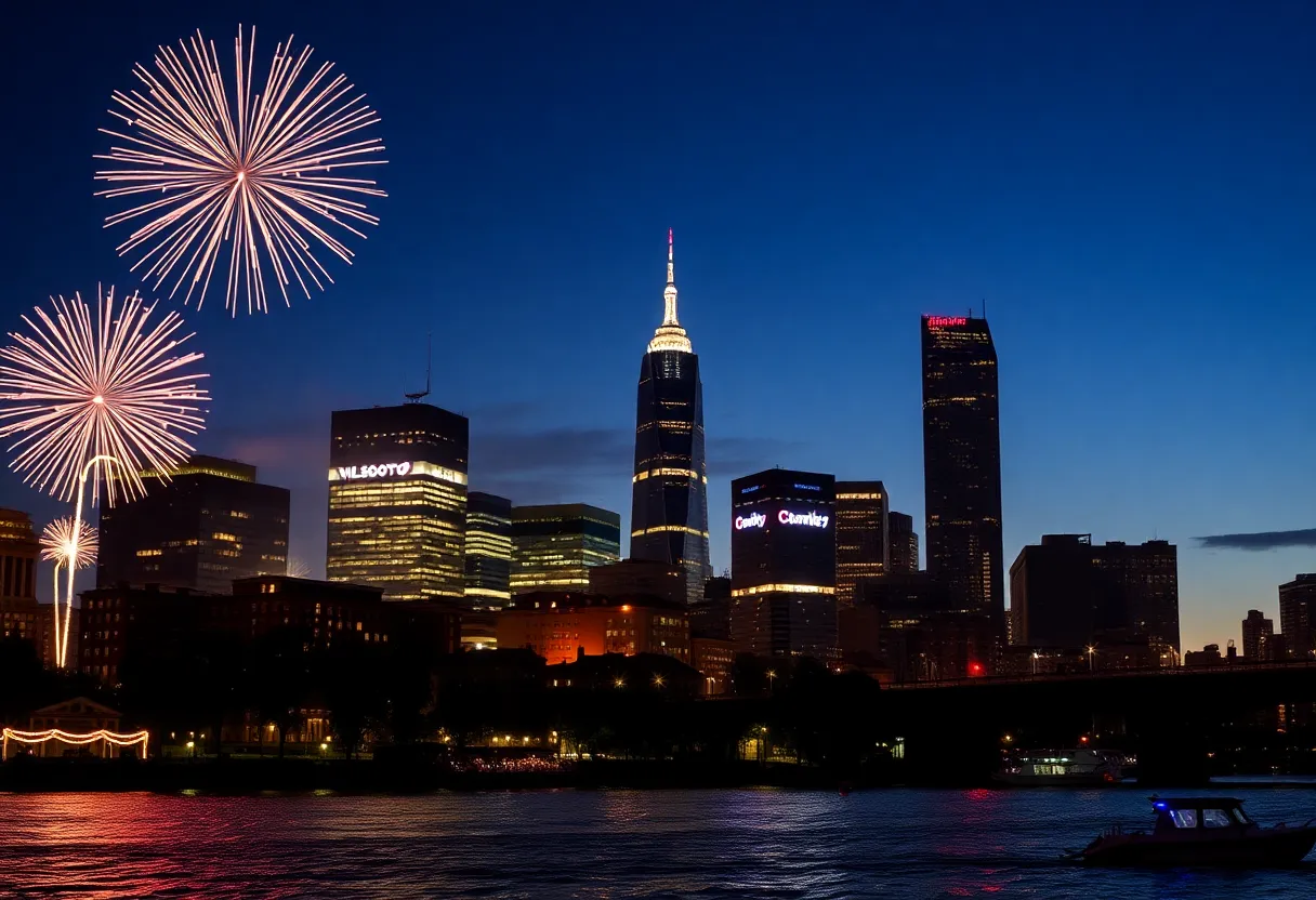 Fireworks over the Boston skyline during July Fourth celebrations