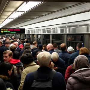 Crowded Boston subway station during Green Line suspension