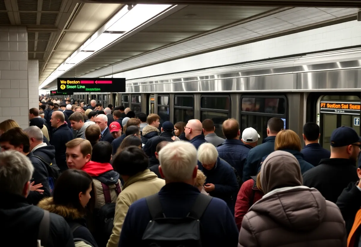 Crowded Boston subway station during Green Line suspension