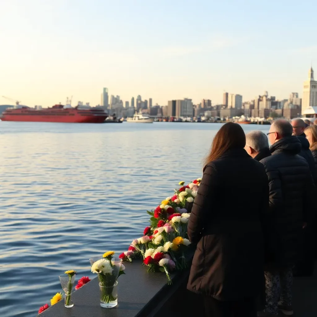 Family members at Boston Harbor during a memorial ceremony