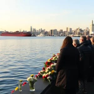 Family members at Boston Harbor during a memorial ceremony