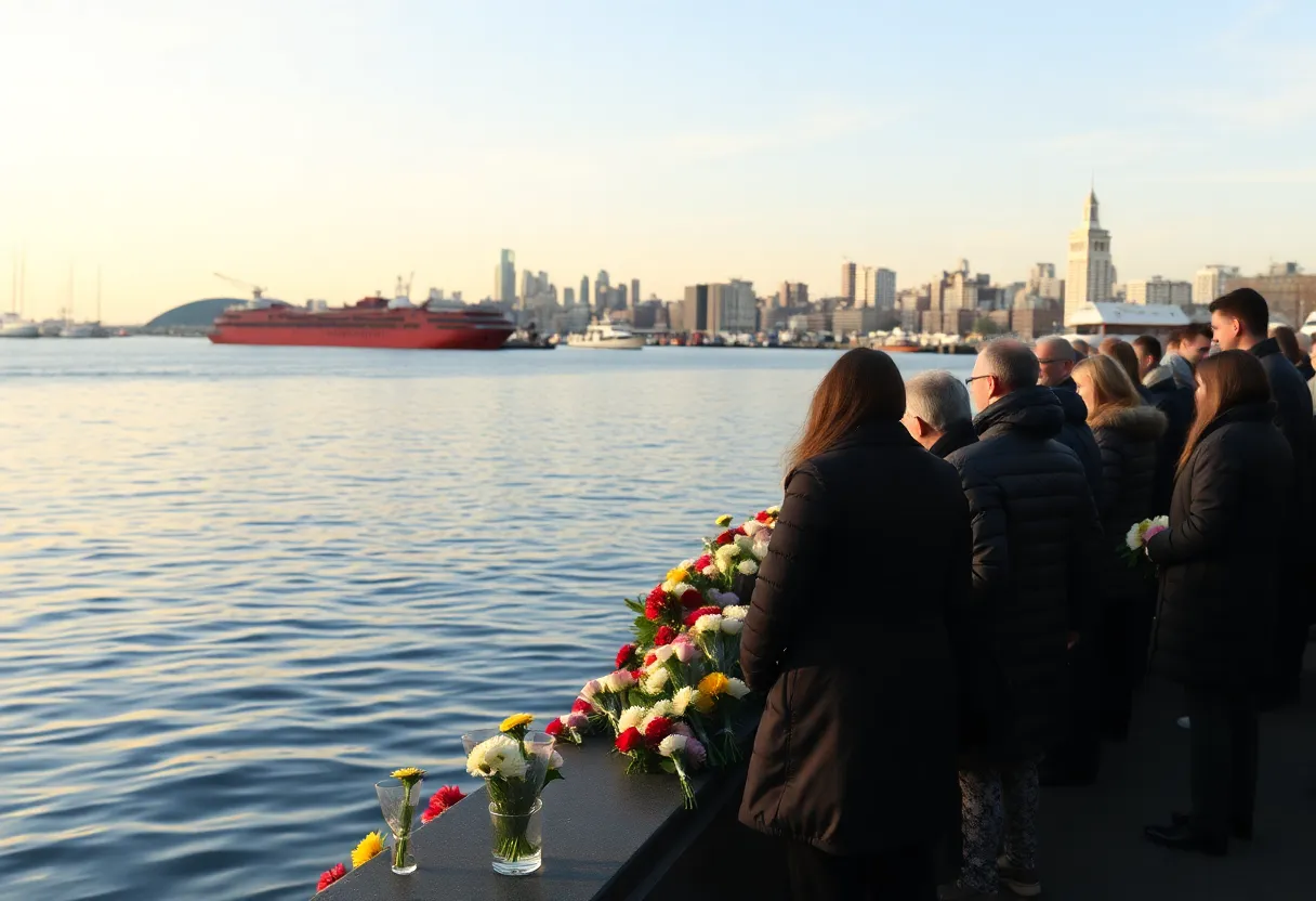 Family members at Boston Harbor during a memorial ceremony