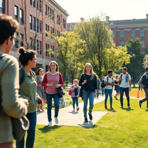 A diverse group of students on a college campus in Boston enjoying outdoor activities.